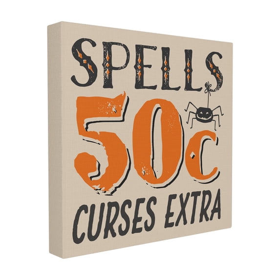The Stupell Home Decor Collection Spells for Sale Curses Extra Black and Orange Spider Typography Stretched Canvas Wall Art, 17 x 1.5 x 17