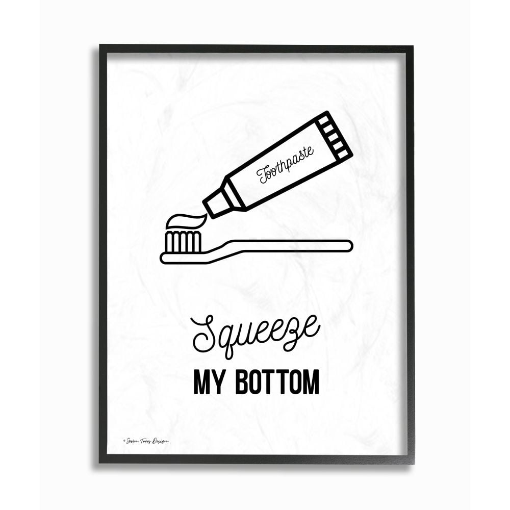 The Stupell Home Decor Collection Squeeze My Bottom Black and White Script Typography with Toothpaste Drawing Black Framed Giclee Texturized Art