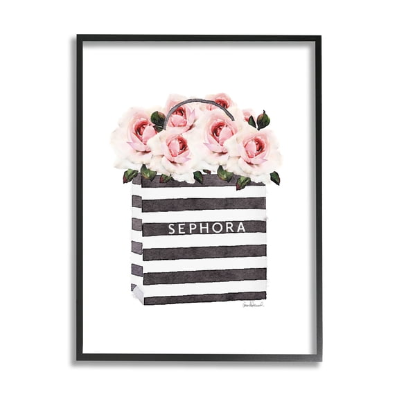 The Stupell Home Decor Collection Striped Makeup Shopping Bag Filled with Pink Roses Framed Giclee Texturized Art, 11 x 1.5 x 14