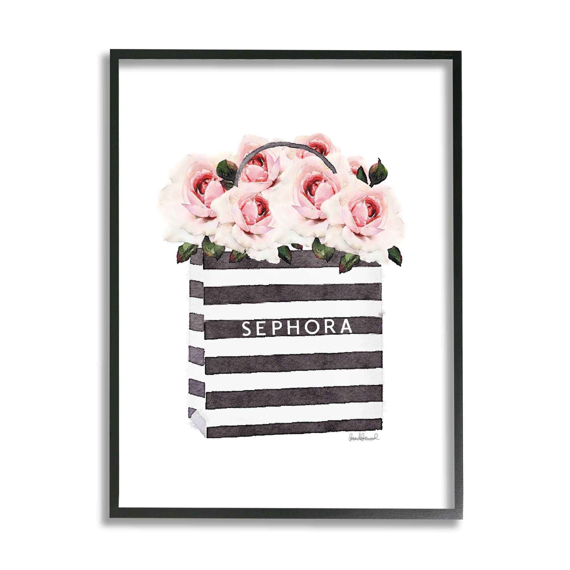 The Stupell Home Decor Collection Striped Makeup Shopping Bag Filled with Pink Roses Oversized Framed Giclee Texturized Art, 16 x 1.5 x 20