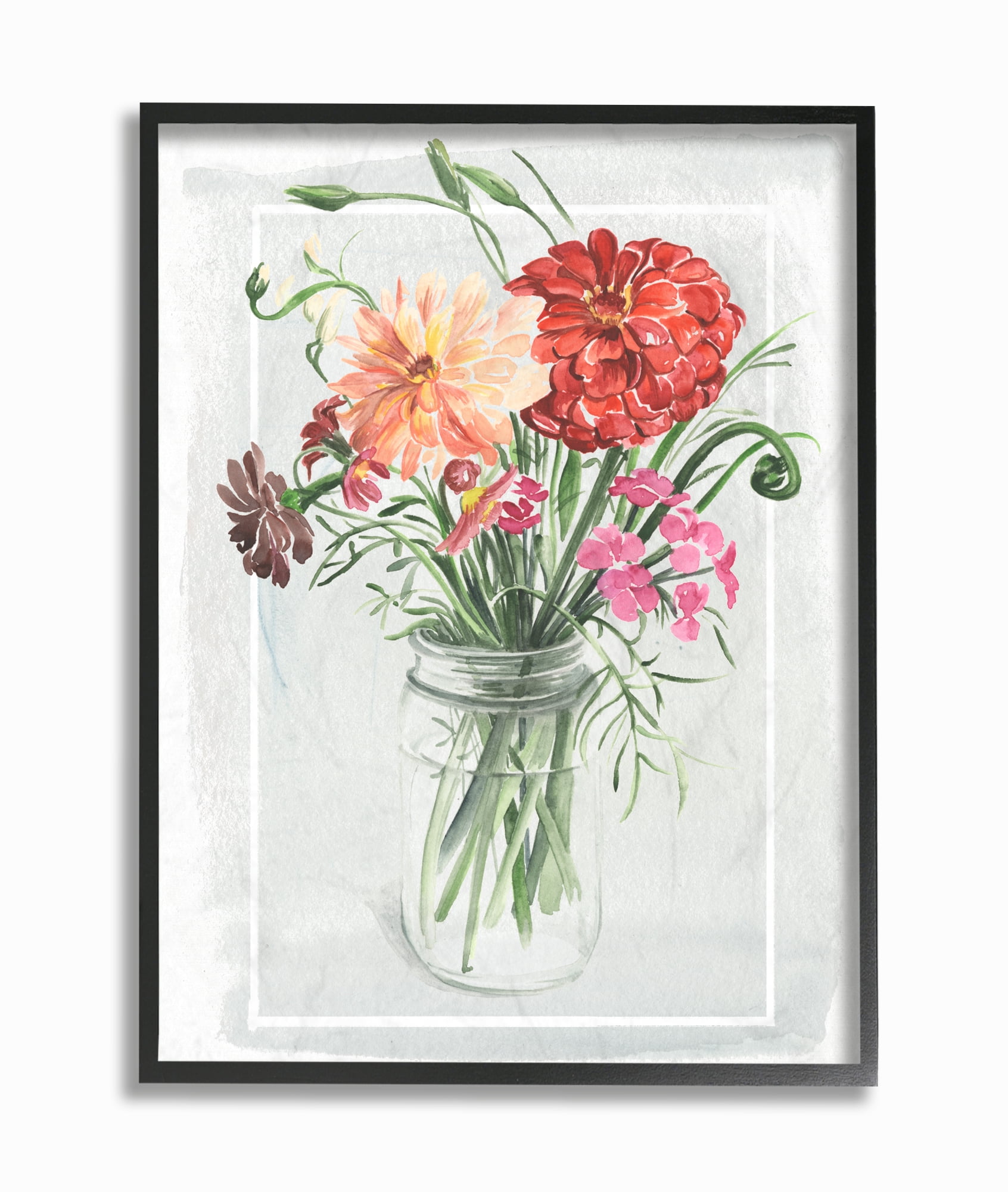 The Stupell Home Decor Collection Summer Zinnia Wildflowers in a Mason Jar Watercolor Painting Oversized Framed Giclee Texturized Art, 16 x 1.5 x 20