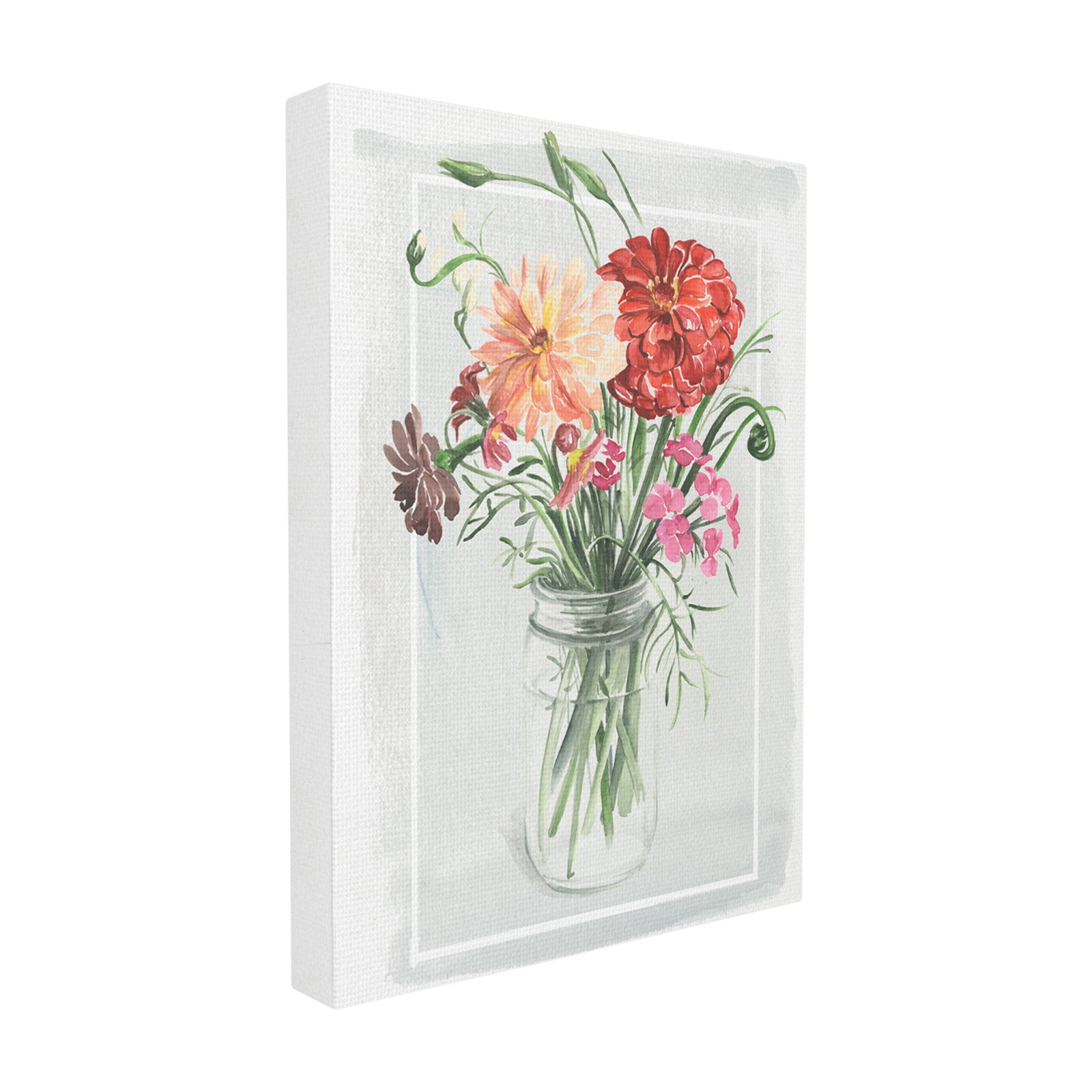 The Stupell Home Decor Collection Summer Zinnia Wildflowers in a Mason Jar Watercolor Painting Stretched Canvas Wall Art, 16 x 1.5 x 20