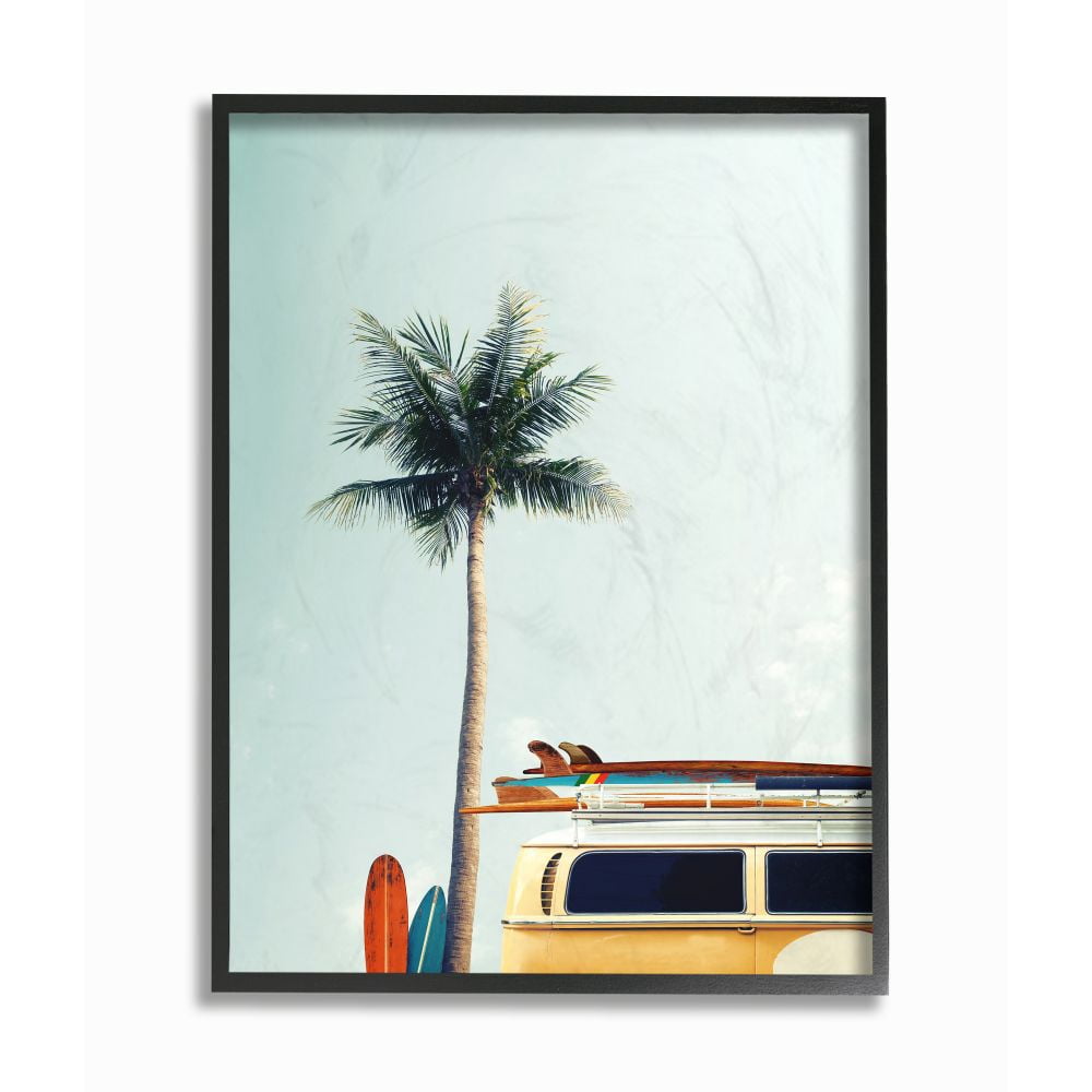 The Stupell Home Decor Collection Surf Bus Yellow With Palm Tree Photography Framed Giclee Texturized Art