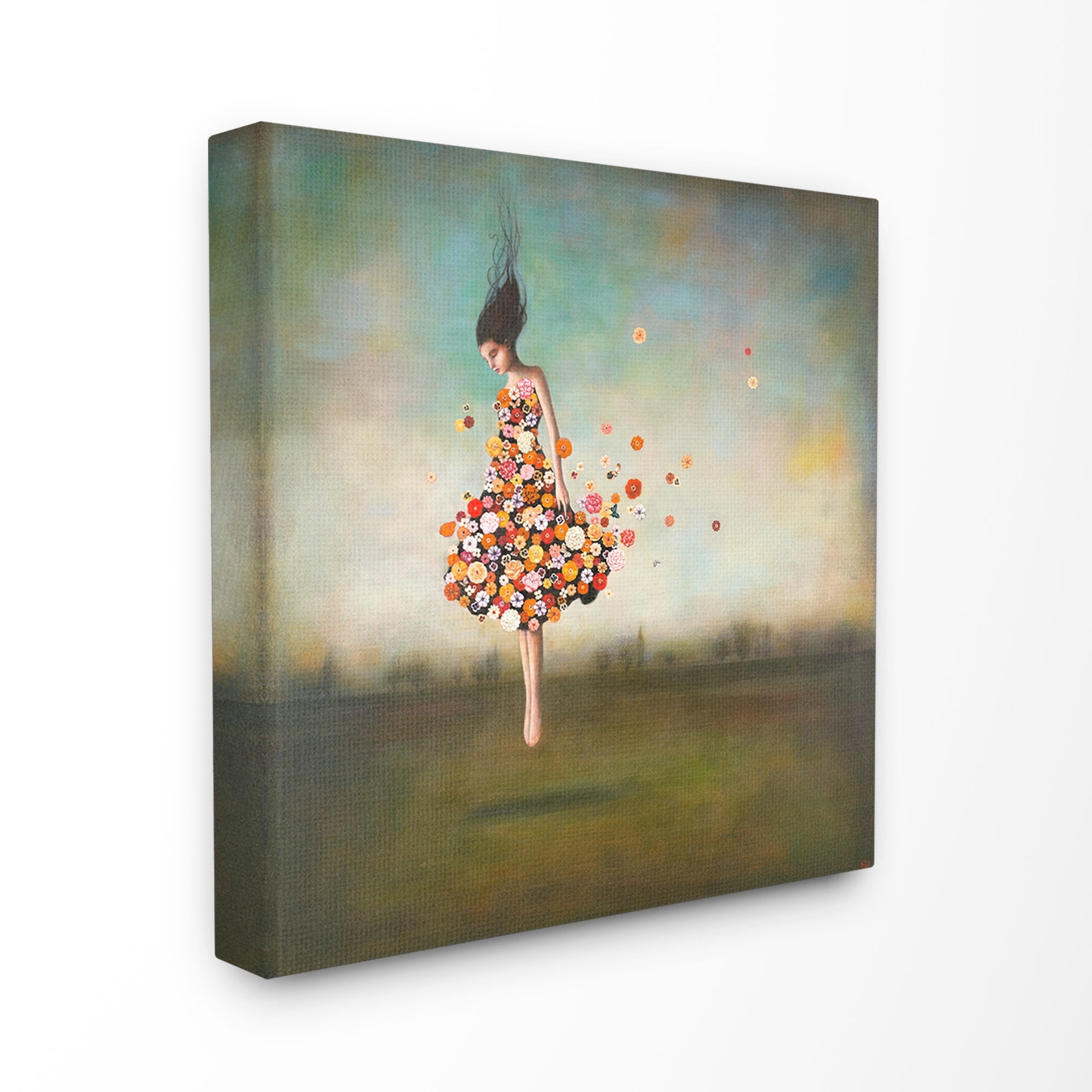 The Stupell Home Decor Collection Surreal Dress Made of Flowers in an Abstract Landscape Painting Stretched Canvas Wall Art, 17 x 17