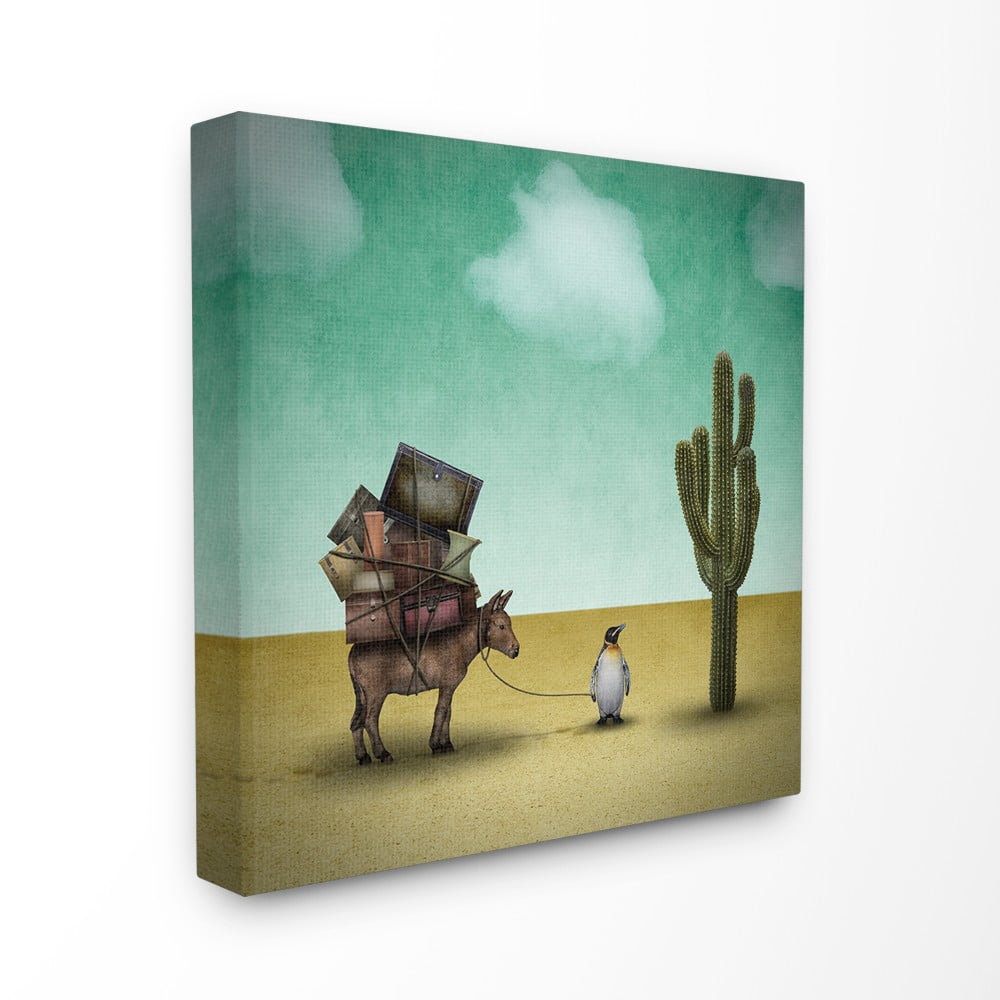 The Stupell Home Decor Collection Surreal Penguin Traveling The Desert with A Donkey Illustration Stretched Canvas Wall Art, 24 x 24