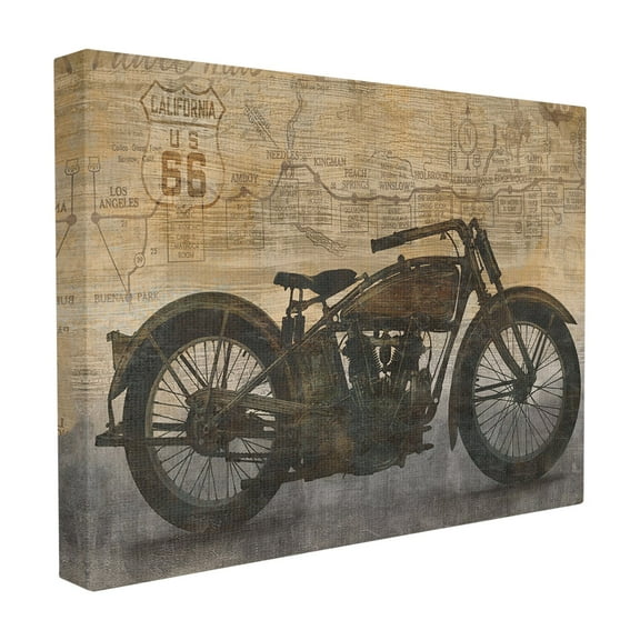 The Stupell Home Decor Collection Tan and Black Sepia Motorcycle with Faded Road Map Texture Framed Giclee Texturized Art, 11 x 1.5 x 14