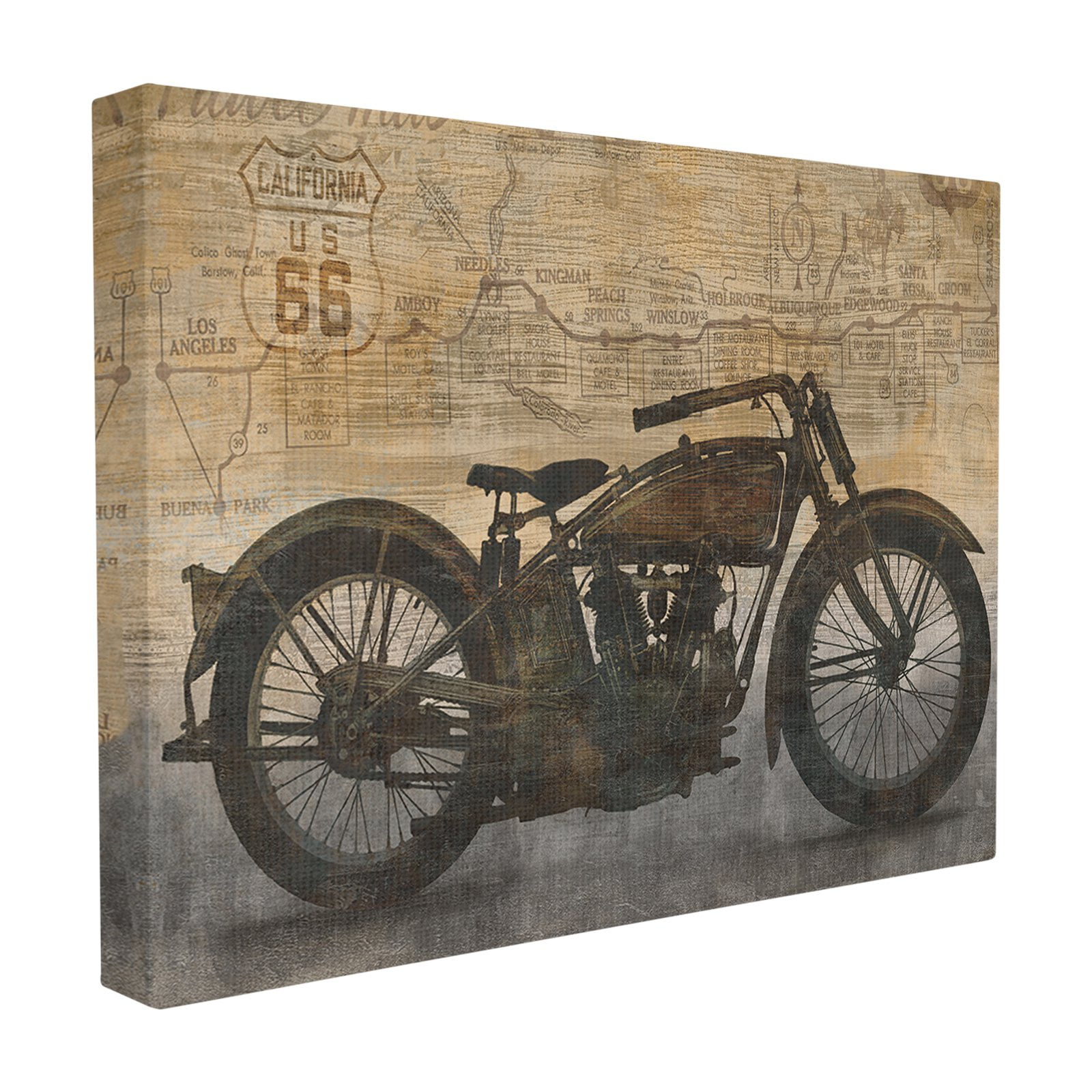 The Stupell Home Decor Collection Tan and Black Sepia Motorcycle with Faded Road Map Texture Oversized Stretched Canvas Wall Art, 24 x 1.5 x 30