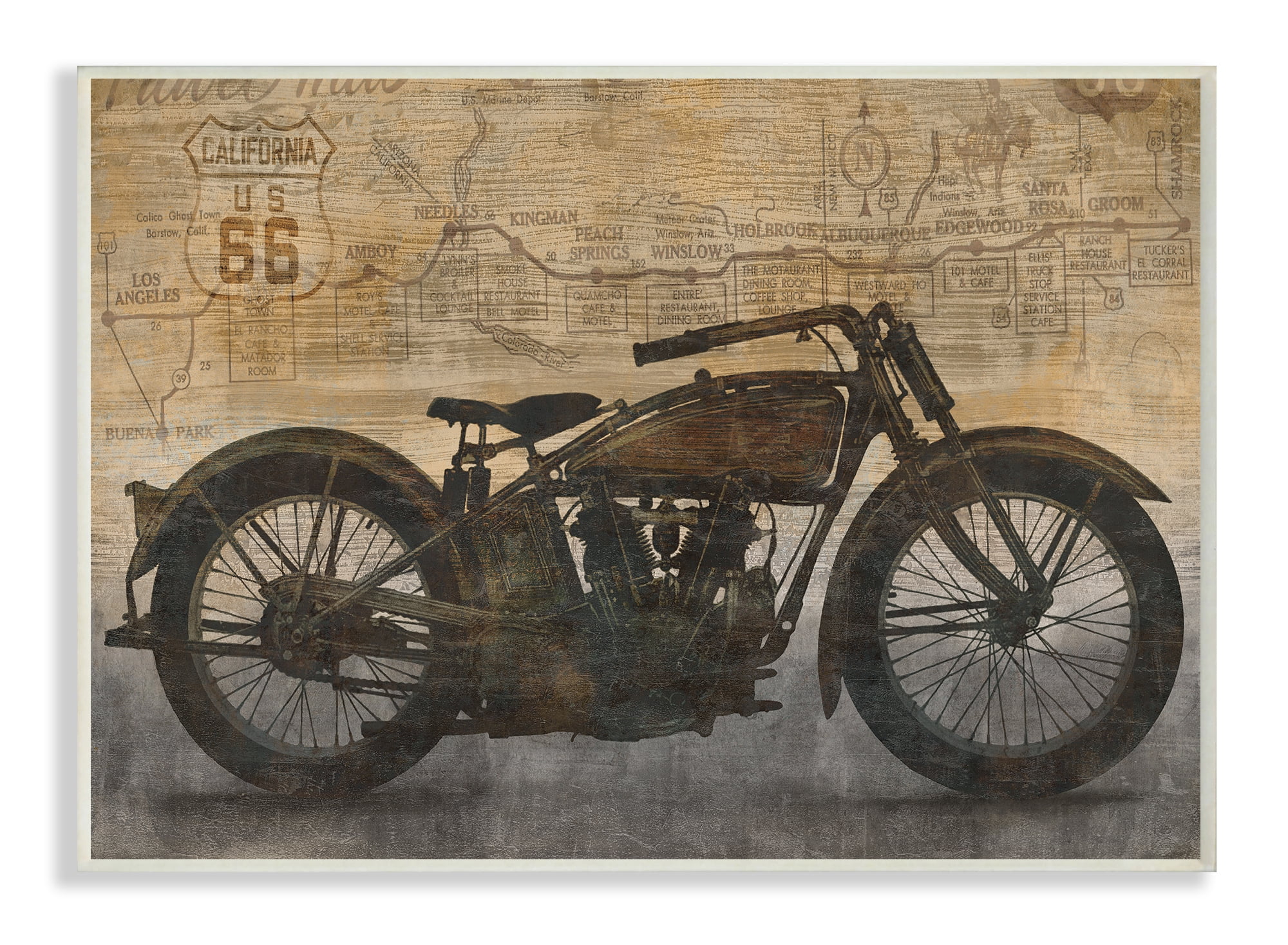 The Stupell Home Decor Collection Tan and Black Sepia Motorcycle with Faded Road Map Texture Oversized Wall Plaque Art, 12.5 x 0.5 x 18.5