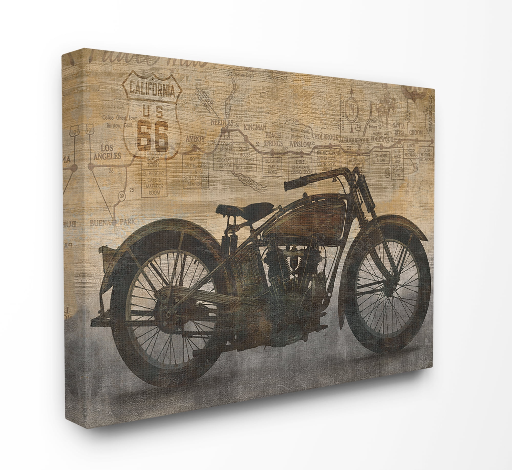 The Stupell Home Decor Collection Tan and Black Sepia Motorcycle with Faded Road Map Texture Stretched Canvas Wall Art, 16 x 1.5 x 20