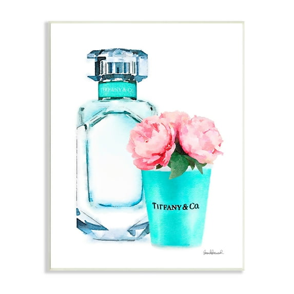 The Stupell Home Decor Collection Teal Blue Perfume Bottle and Pink Peonies Wall Plaque Art, 10 x 0.5 x 15