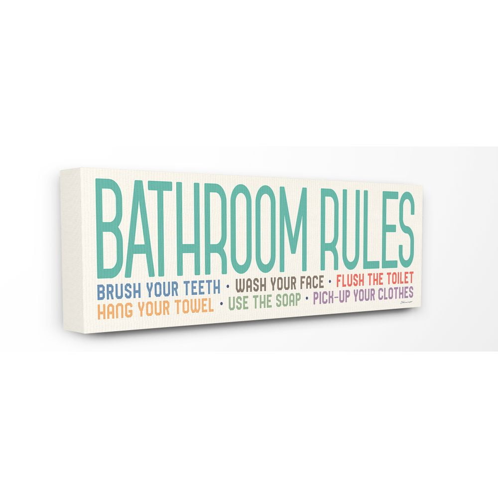 The Stupell Home Decor Collection Teal Red Orange Green and Purple Bright Multi Color Bathroom Rules Typography Canvas Wall Art