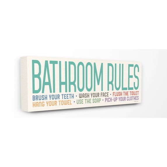 The Stupell Home Decor Collection Teal Red Orange Green and Purple Bright Multi Color Bathroom Rules Typography Canvas Wall Art