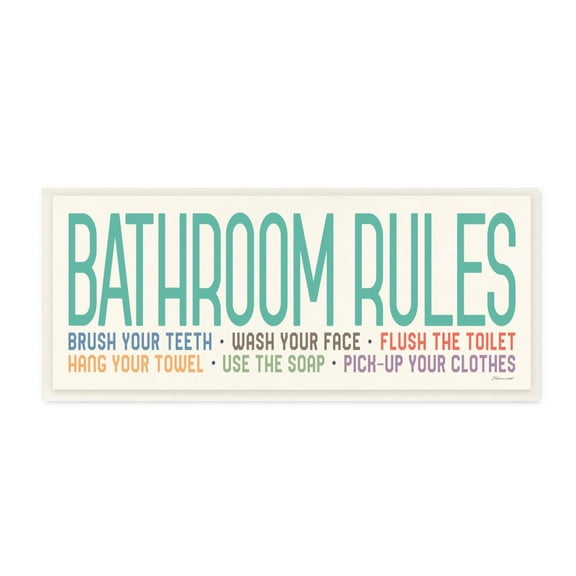 The Stupell Home Decor Collection Teal Red Orange Green and Purple Bright Multi Color Bathroom Rules Typography Wall Plaque Art