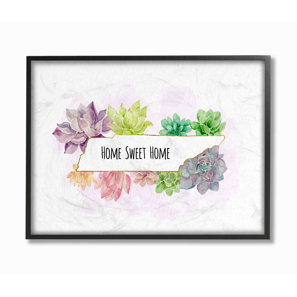 The Stupell Home Decor Collection Tennessee State Home Sweet Home Succulent Watercolor Vignette Framed Giclee Texturized Art