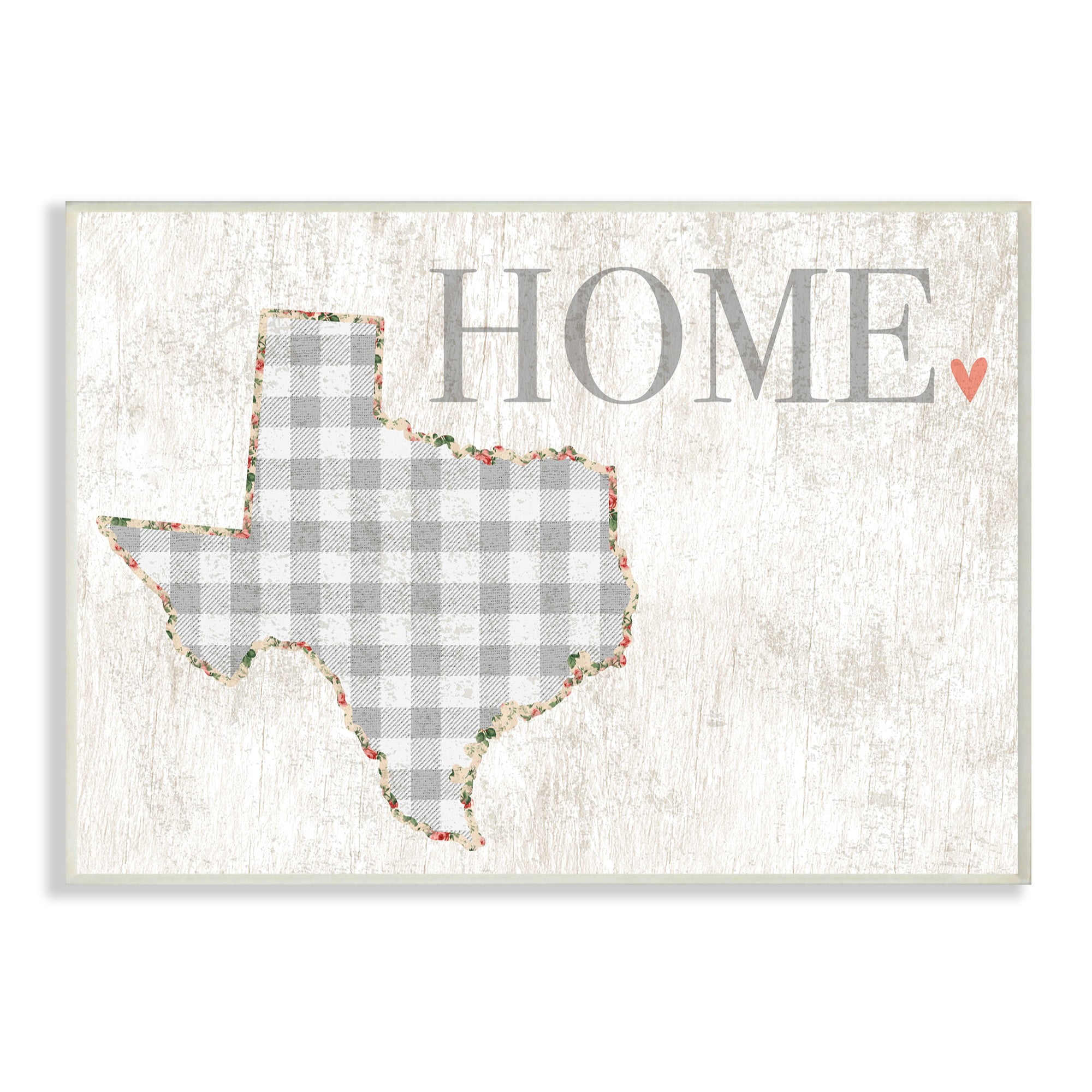 The Stupell Home Decor Collection Texas Grey Gingham and Floral Heart and Home Oversized Wall Plaque Art, 12.5 x 0.5 x 18.5