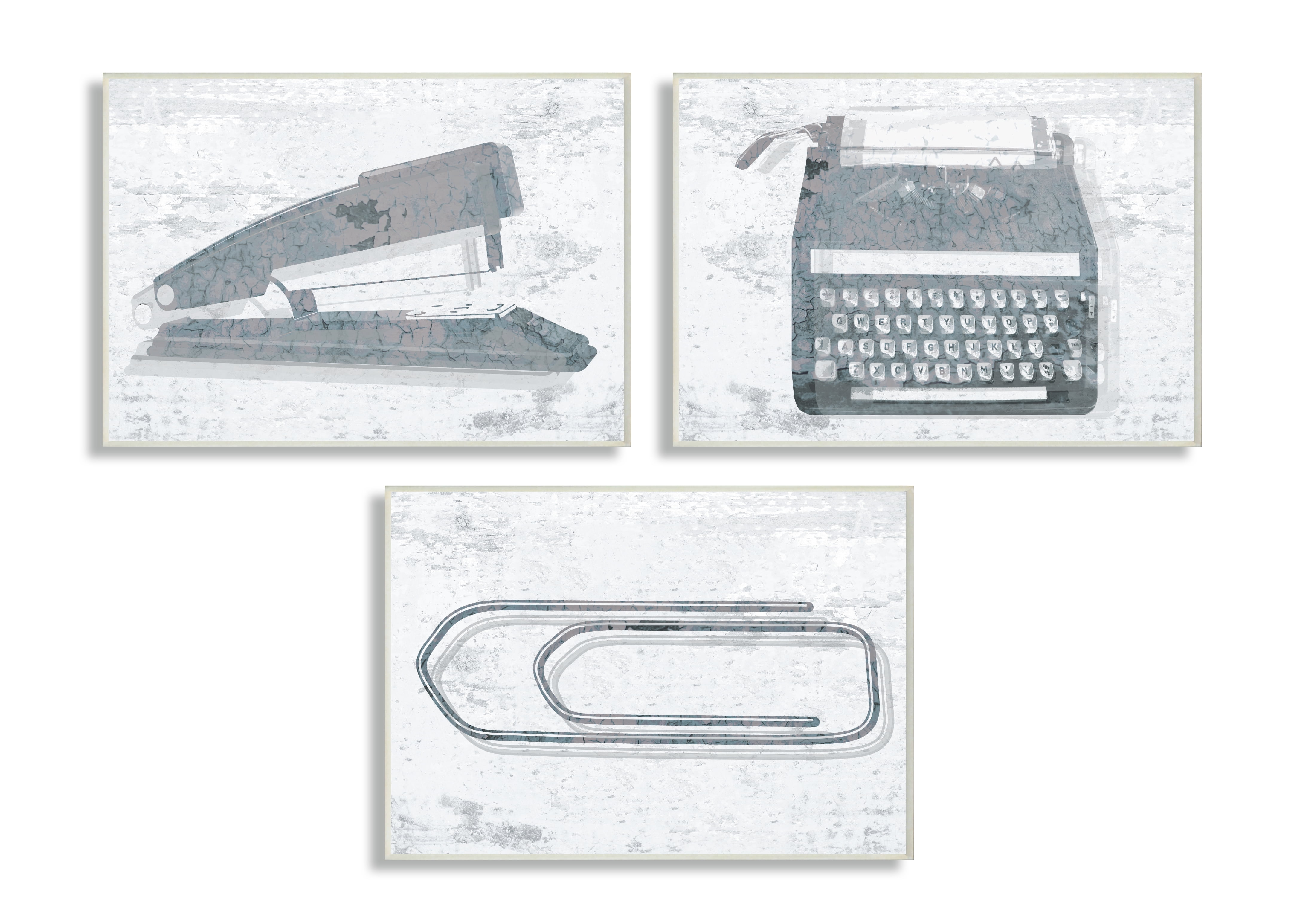 The Stupell Home Decor Collection Textured Muted Blue Office Supplies Stapler Typewriter and Paperclip Trio 3pc Wall Plaque Art Set, 10 x 0.5 x 15