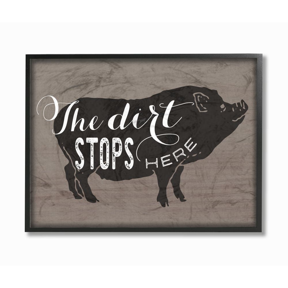 The Stupell Home Decor Collection The Dirt Stops Here White Script on Black and Brown Pig Black Framed Giclee Texturized Art