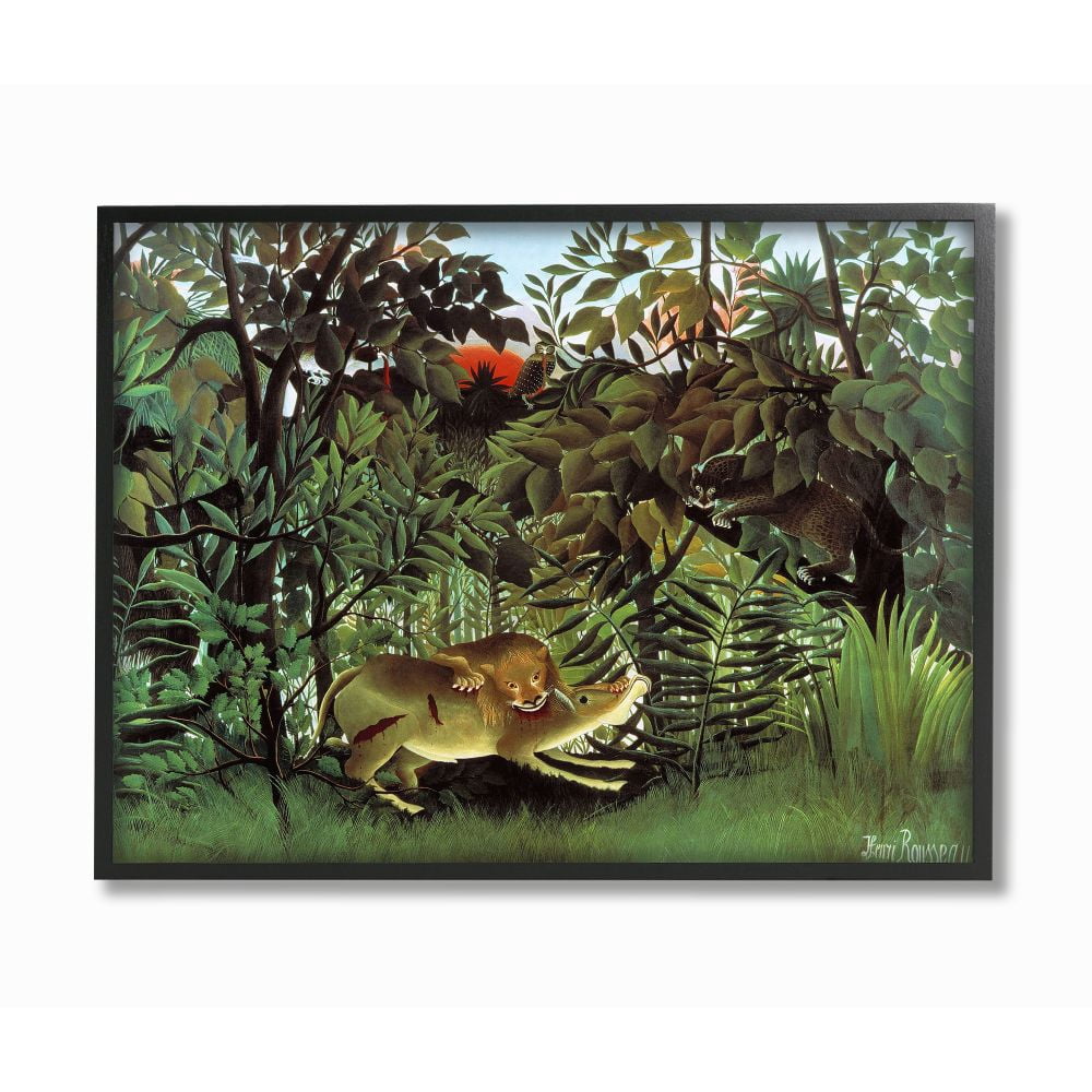 The Stupell Home Decor Collection The Hungry Lion in the Jungle Illustration Framed Giclee Texturized Art