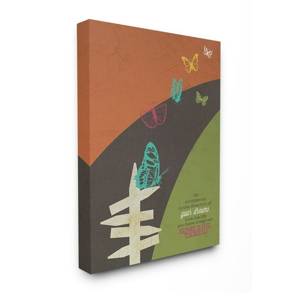 The Stupell Home Decor Collection Thoreau Dreams Quote Typography Rainbow Signpost with Butterflies Stretched Canvas Wall Art, 24 x 30