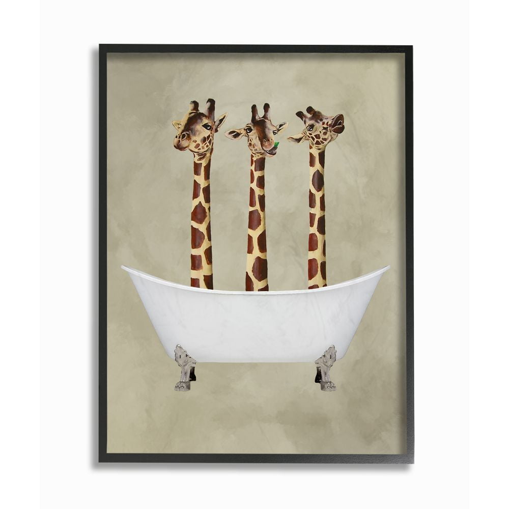Three Giraffes in Bathtub Framed Canvas Print, 24" x 30"