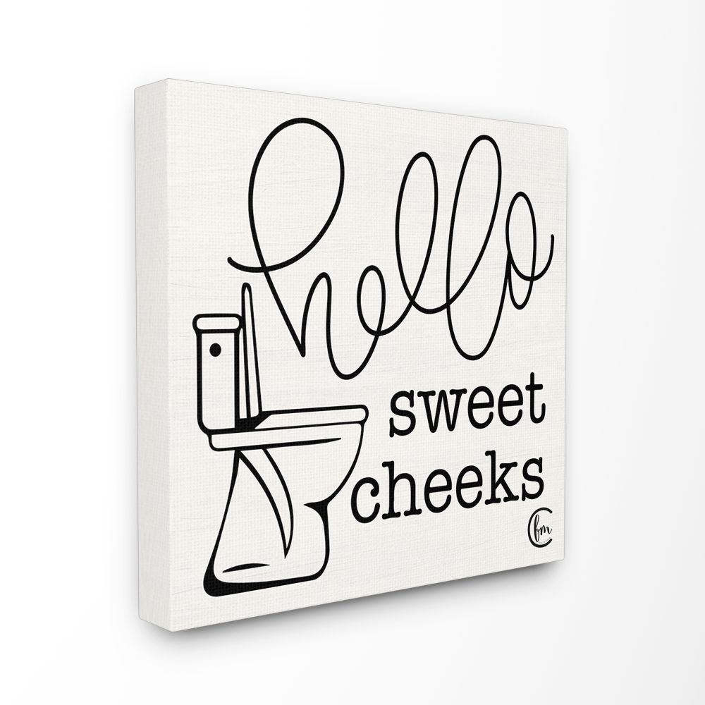 The Stupell Home Decor Collection Toilet Hello Sweet Cheeks Black and White Curly Script Cursive Typography Canvas Wall Art