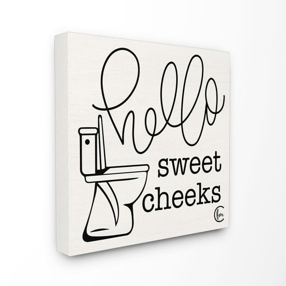 The Stupell Home Decor Collection Toilet Hello Sweet Cheeks Black and White Curly Script Cursive Typography Canvas Wall Art