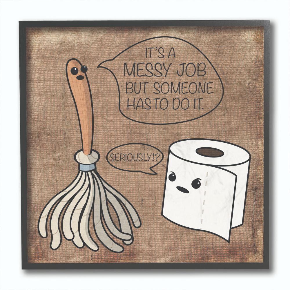 The Stupell Home Decor Collection Toilet Paper and Mop Cartoon Framed Giclee Texturized Art