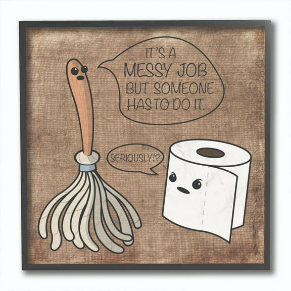 The Stupell Home Decor Collection Toilet Paper and Mop Cartoon Framed Giclee Texturized Art