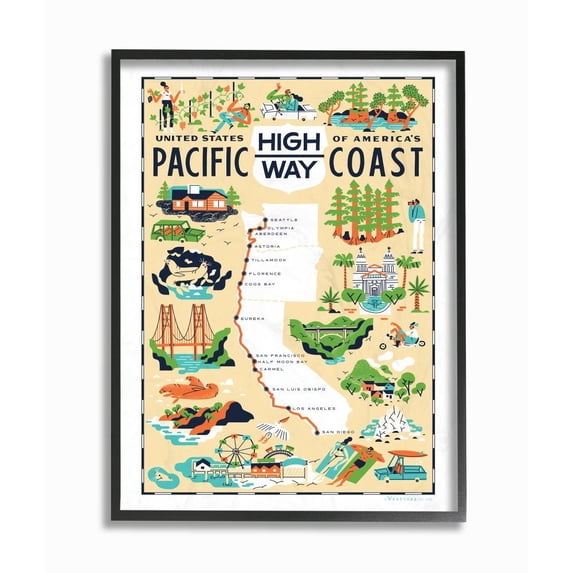 The Stupell Home Decor Collection US Pacific Coast Highway Pale Yellow Illustrated Scenic Map Poster Framed Giclee Texturized Art