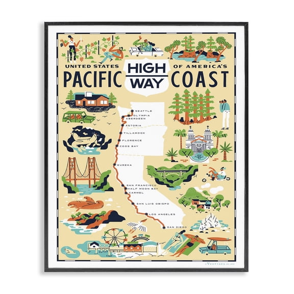 Stupell Industries Mid-Century US Pacific Coast Highway Pale Yellow Illustrated Scenic Map Poster Black Framed Giclee Art, 24 x 30, by Vestiges