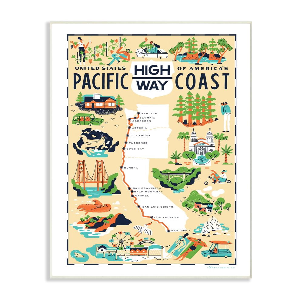 The Stupell Home Decor Collection US Pacific Coast Highway Pale Yellow Illustrated Scenic Map Poster Wall Plaque Art