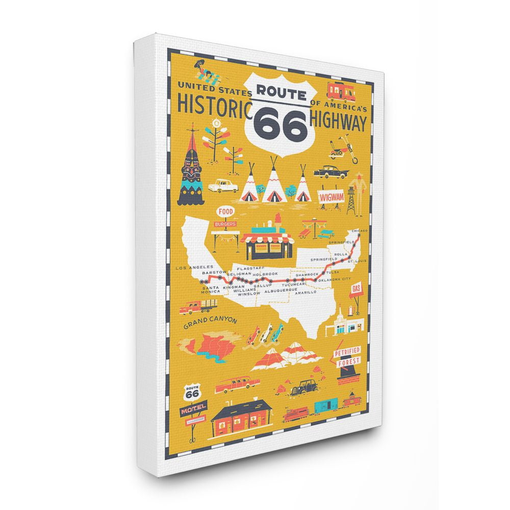The Stupell Home Decor Collection US Route 66 Historic Highway Mustard Yellow Illustrated Scenic Map Poster Canvas Wall Art