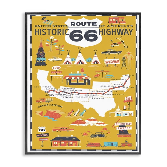 Stupell Industries Traditional US Route 66 Historic Highway Mustard Yellow Illustrated Scenic Map Poster Black Framed Giclee Art, 11 x 14, by Vestiges