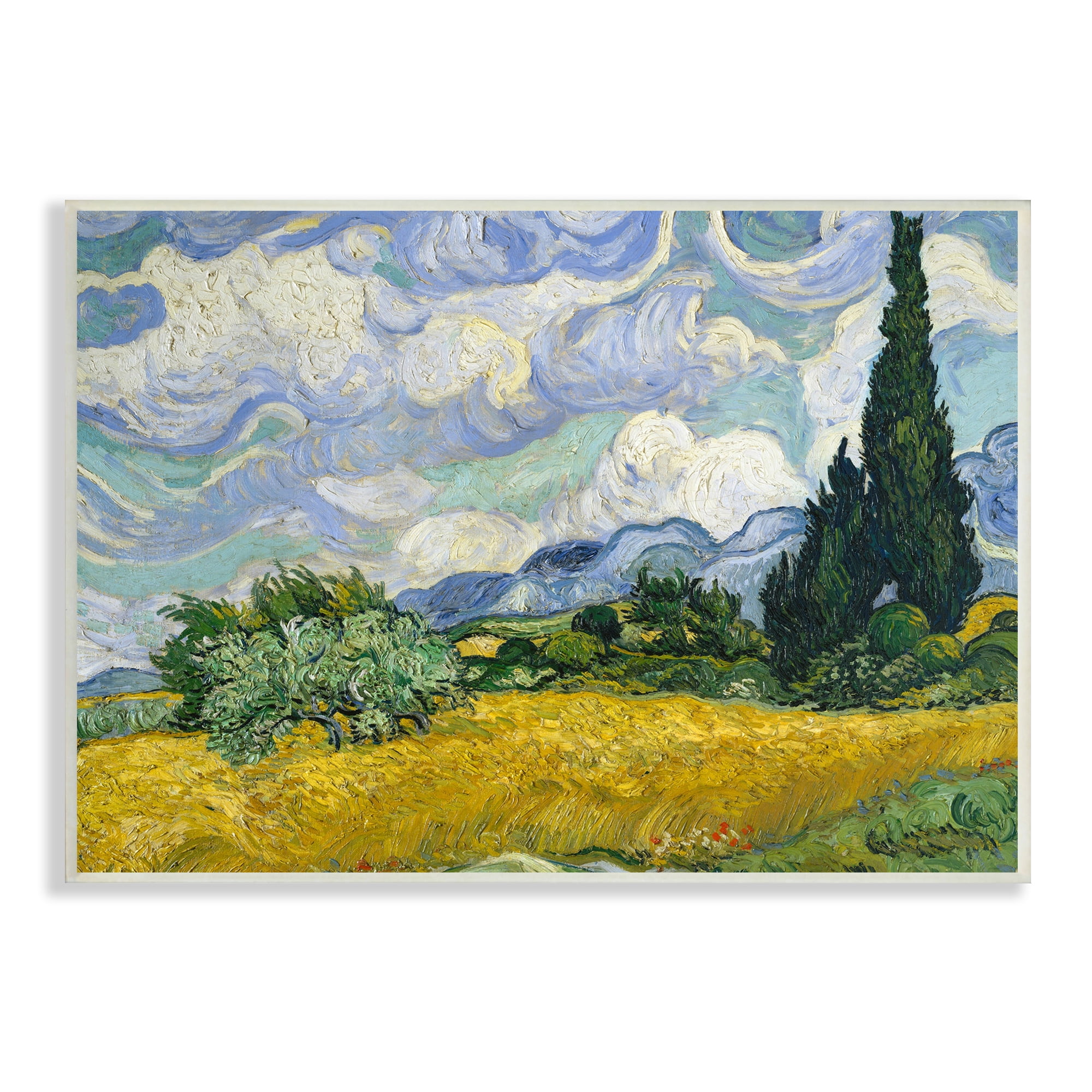 The Stupell Home Decor Collection Van Gogh Wheat Field with Cypresses Post Impressionist Painting Wood Wall Art