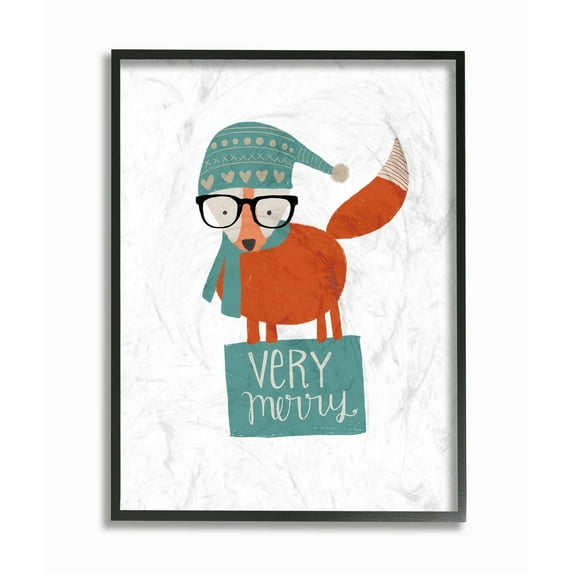 The Stupell Home Decor Collection Very Merry Hipster Fox Framed Giclee Texturized Wall Art