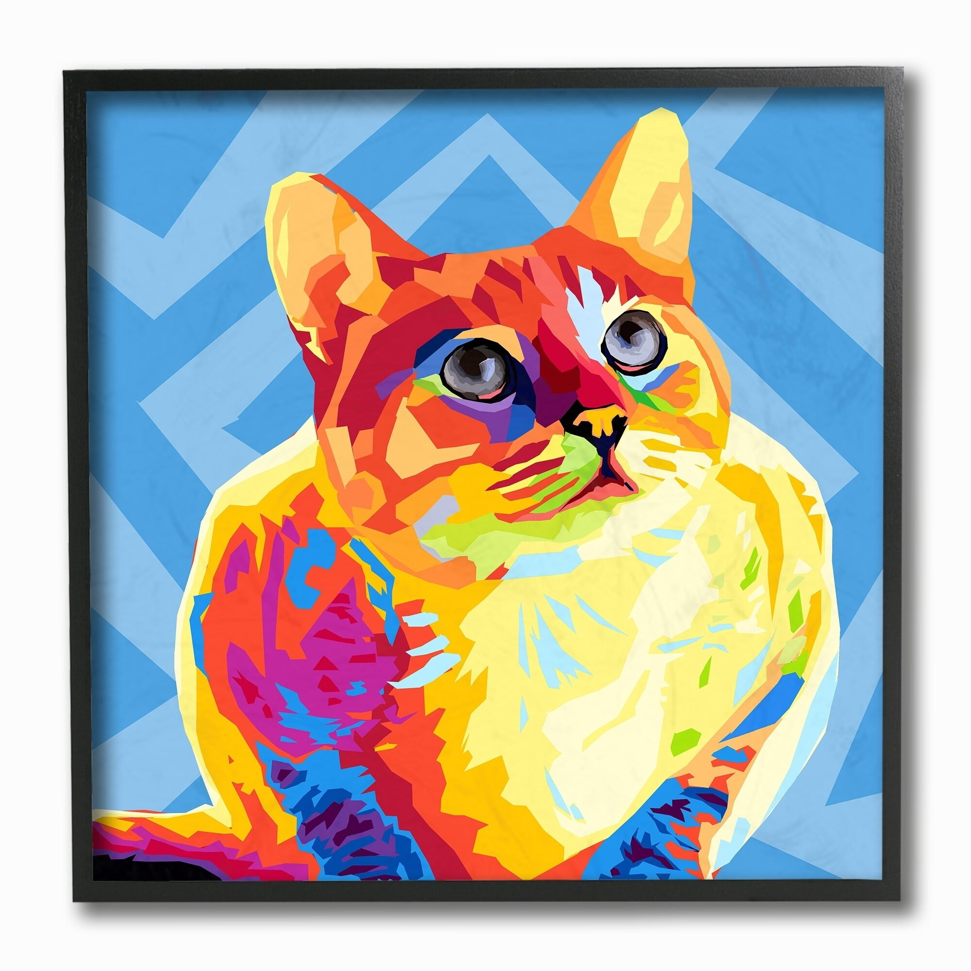 The Stupell Home Decor Collection Vibrant Abstract Posterized Rainbow Cat with Blue Pattern Background Framed Giclee Texturized Art, 12 x 1.5 x 12