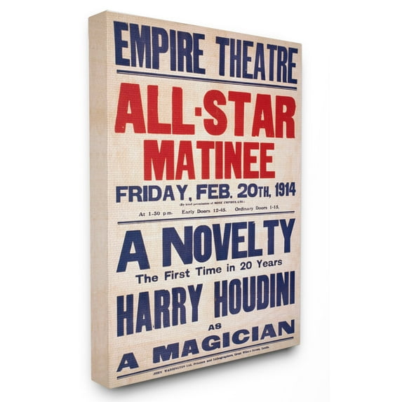 The Stupell Home Decor Collection Vintage Empire Theatre Harry Houdini Poster Canvas Wall Art