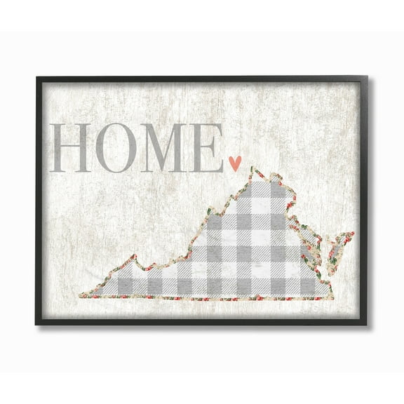 The Stupell Home Decor Collection Virginia Grey Gingham and Floral Heart and Home Oversized Framed Giclee Texturized Art, 16 x 1.5 x 20