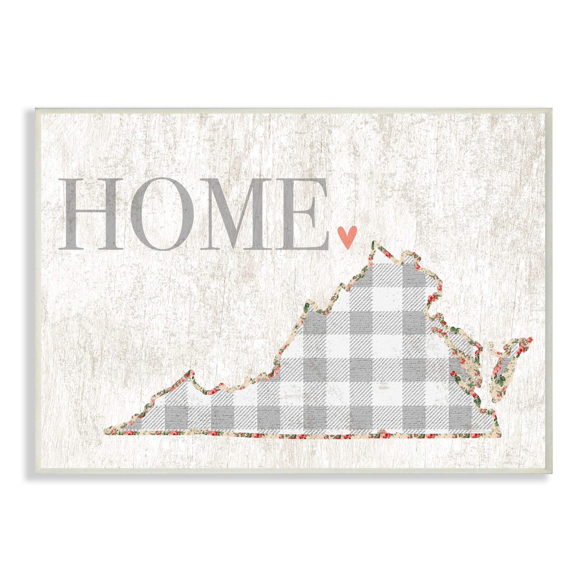 The Stupell Home Decor Collection Virginia Grey Gingham and Floral Heart and Home Wall Plaque Art, 10 x 0.5 x 15