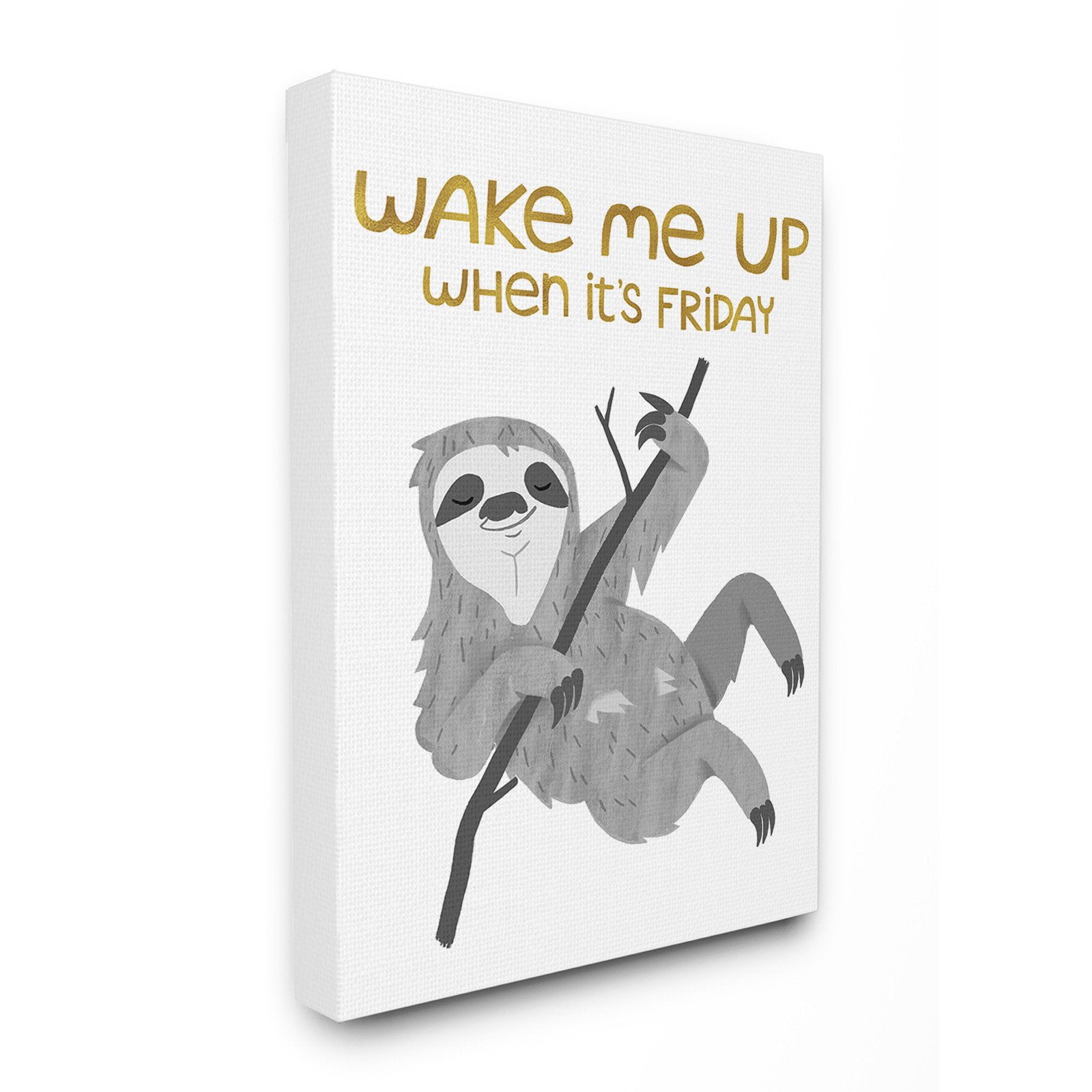the stupell home decor collection wake me up friday black and grey hanging sloth stretched canvas wall art, 30 x 1.5 x 40