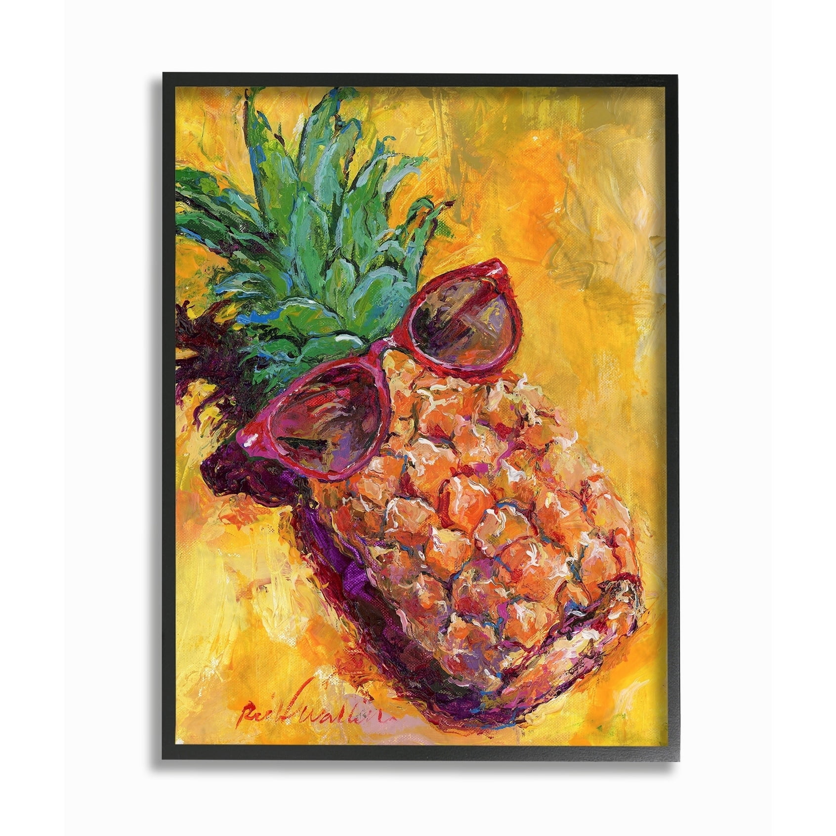 The Stupell Home Decor Collection Warm Yellow Pineapple with Sunglasses on the Beach Painting Framed Giclee Texturized Art, 11 x 1.5 x 14