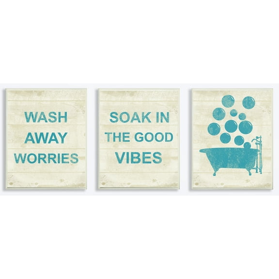 The Stupell Home Decor Collection Wash Away Soak Vibes Bathtub 3 Piece Wall Art Set