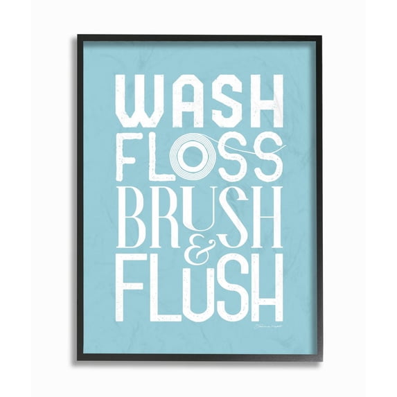 The Stupell Home Decor Collection Wash Floss Brush Flush Blue and White Bold Typography with Floss Roll Black Framed Giclee Texturized Art