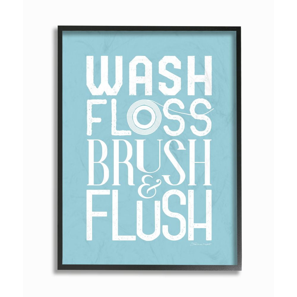 The Stupell Home Decor Collection Wash Floss Brush Flush Blue and White Bold Typography with Floss Roll Black Framed Giclee Texturized Art