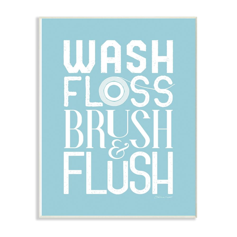 The Stupell Home Decor Collection Wash Floss Brush Flush Blue and White Bold Typography with Floss Roll Wall Plaque Art