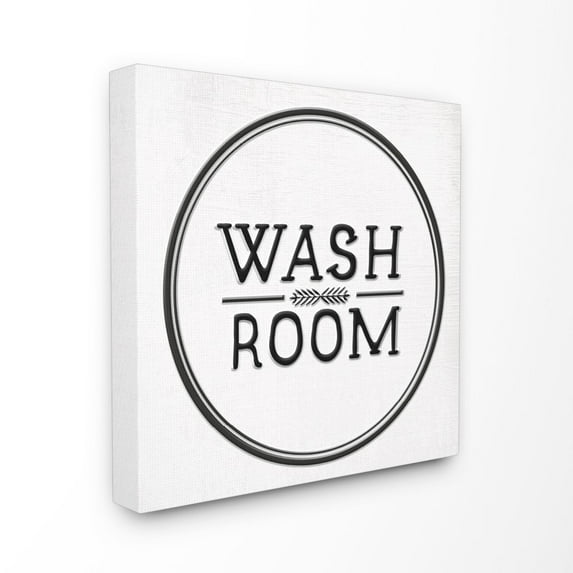 The Stupell Home Decor Collection Wash Room Black and White Faux Aluminum Sign Look Typography Stretched Canvas Wall Art, 24 x 24