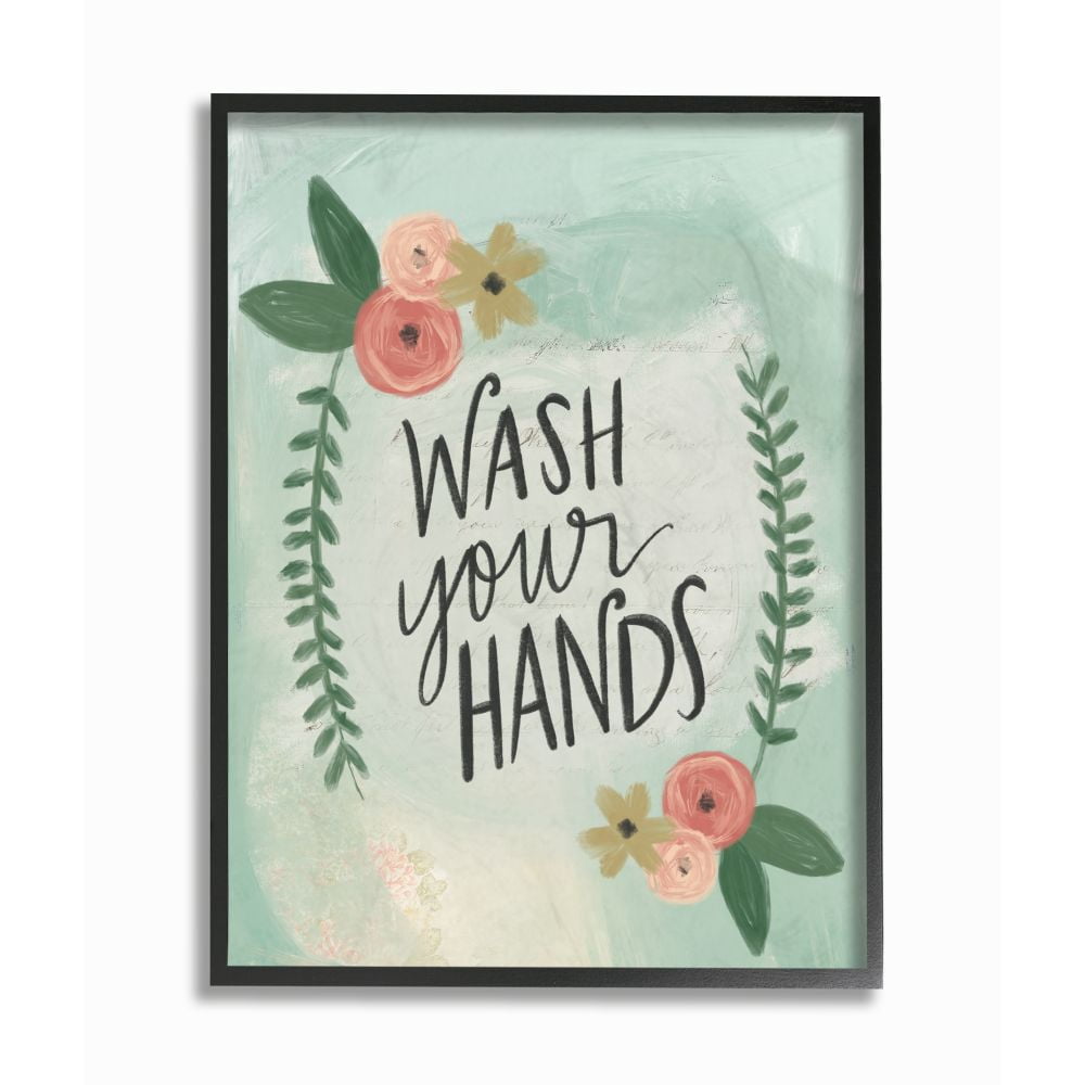 The Stupell Home Decor Collection Wash Your Hands Aqua Blue and Pink Floral Roses Illustration Black Framed Giclee Texturized Art