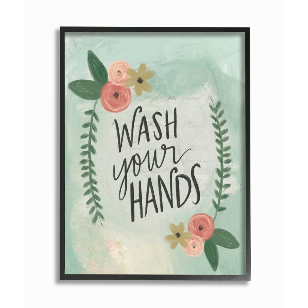 The Stupell Home Decor Collection Wash Your Hands Aqua Blue and Pink Floral Roses Illustration Black Framed Giclee Texturized Art