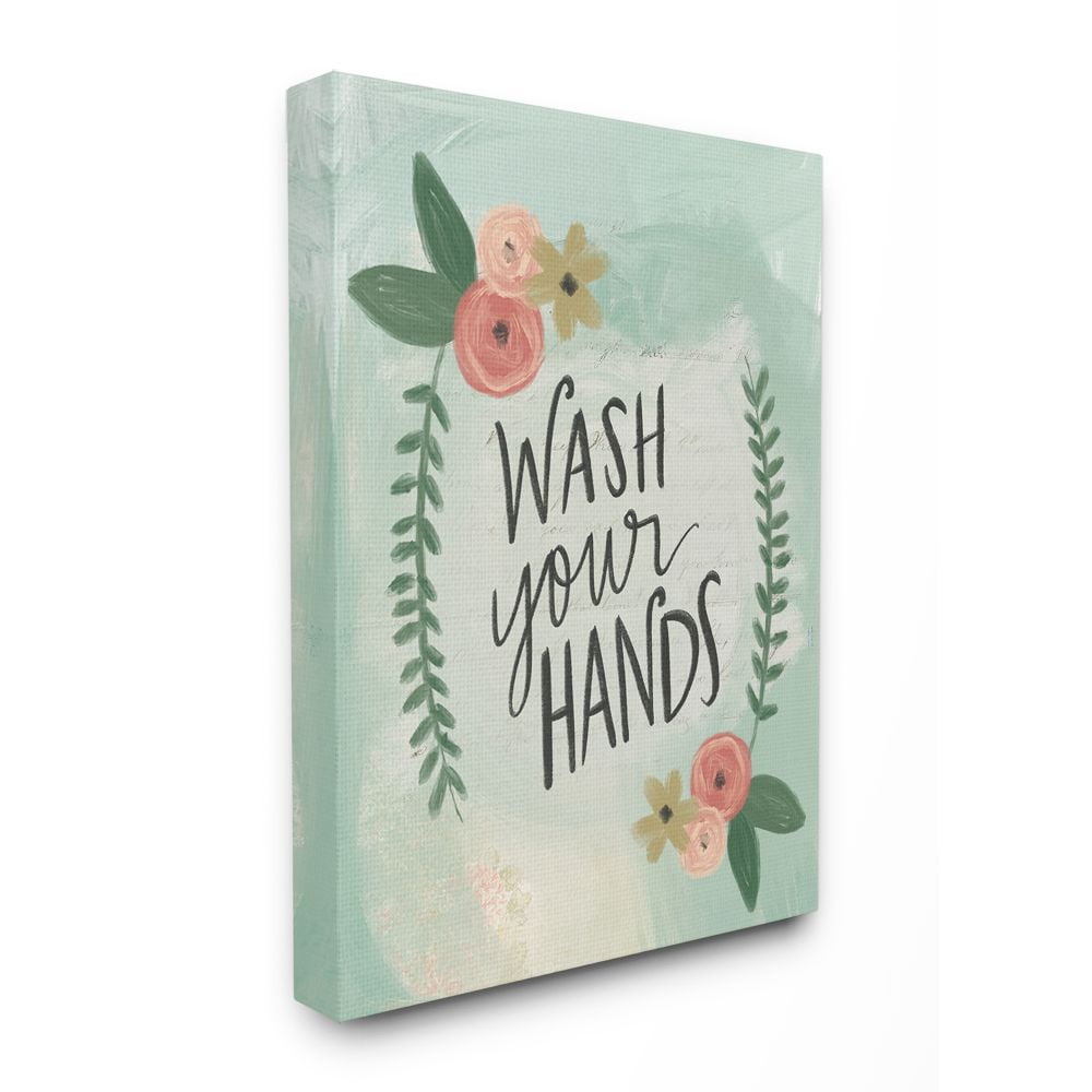 The Stupell Home Decor Collection Wash Your Hands Aqua Blue and Pink Floral Roses Illustration Super Canvas Wall Art