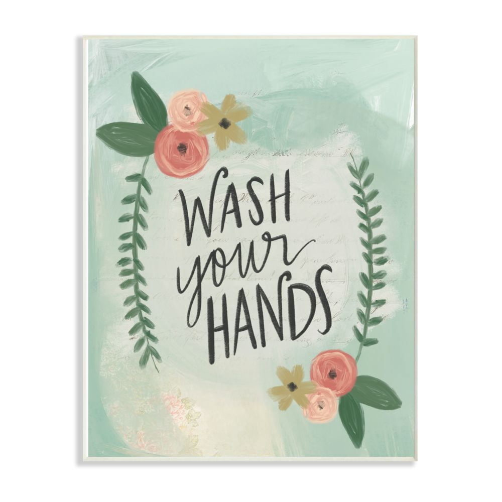 The Stupell Home Decor Collection Wash Your Hands Aqua Blue and Pink Floral Roses Illustration Wall Plaque Art